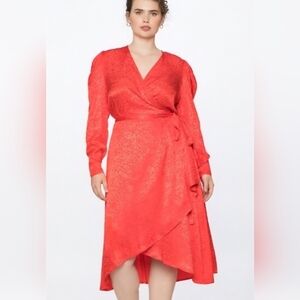 NWT Eloquii Womens Red Animal Print Plus Satin Puff Wrap Midi Dress Size 18